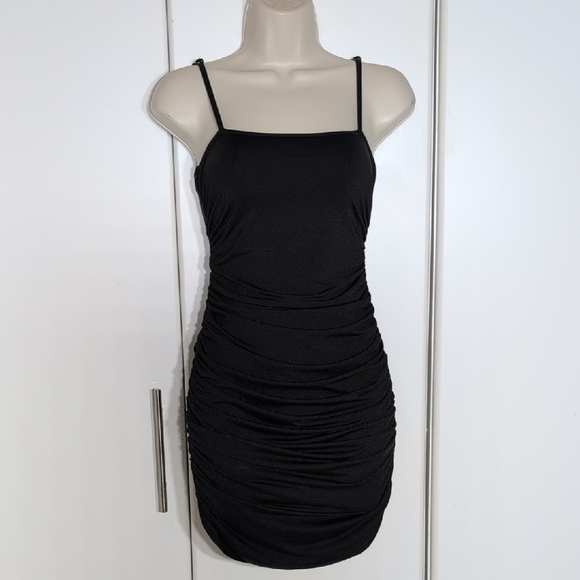 Chic Black Ruched Mini Dress - Picture 1 of 5